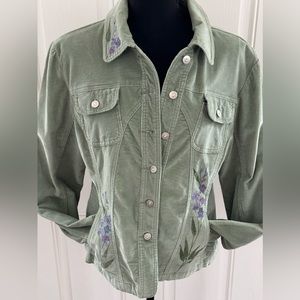 Daffy-Dills Thin Wale Corduroy Jacket, in Sage Green with hand-painted floral, L
